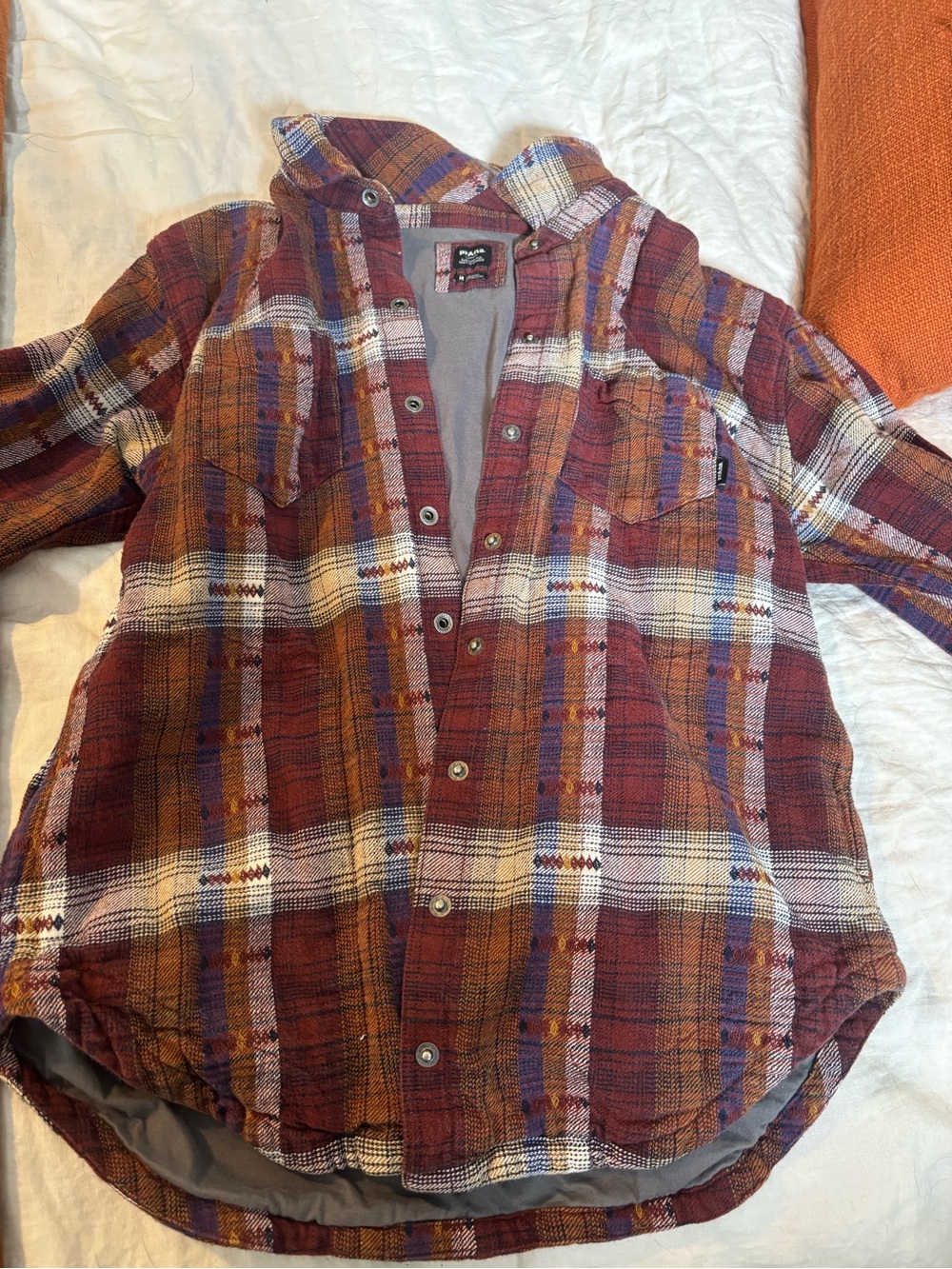 Prana Plaid Hooded Button-Up Shirt Jacket - Rust, Mustard, Navy